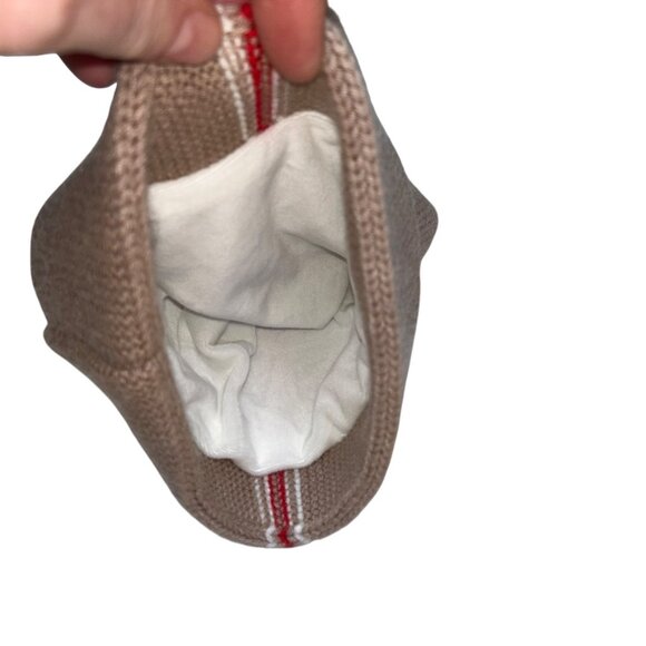 khaki red white stripe fur pom pom knit snow winter cap hat - Picture 3 of 5